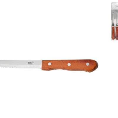 Blister 3 cuchillos de mesa Wood & Steel en acero inoxidable con punta dentada y mango de madera