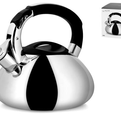 Stainless steel kettle also suitable for Lt 3 induction hobs. Equipped with: whistle; black anti-scald handle; button open spout.