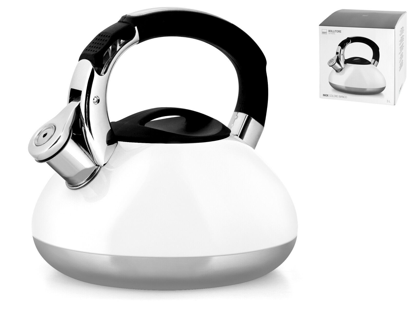 Wasserkocher aus weißem Edelstahl, auch geeignet für 3-Liter-Induktionskochfelder.Ausstattung mit: Pfeife; schwarzer Verbrühungsschutzgriff; Knopf zum Öffnen des Auslaufs.