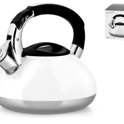 White stainless steel kettle also suitable for Lt 3 induction hobs. Equipped with: whistle; black anti-scald handle; button open spout.