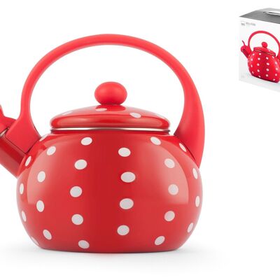 Red enamel kettle with white polka dots lt 2. Suitable for all hobs including induction.