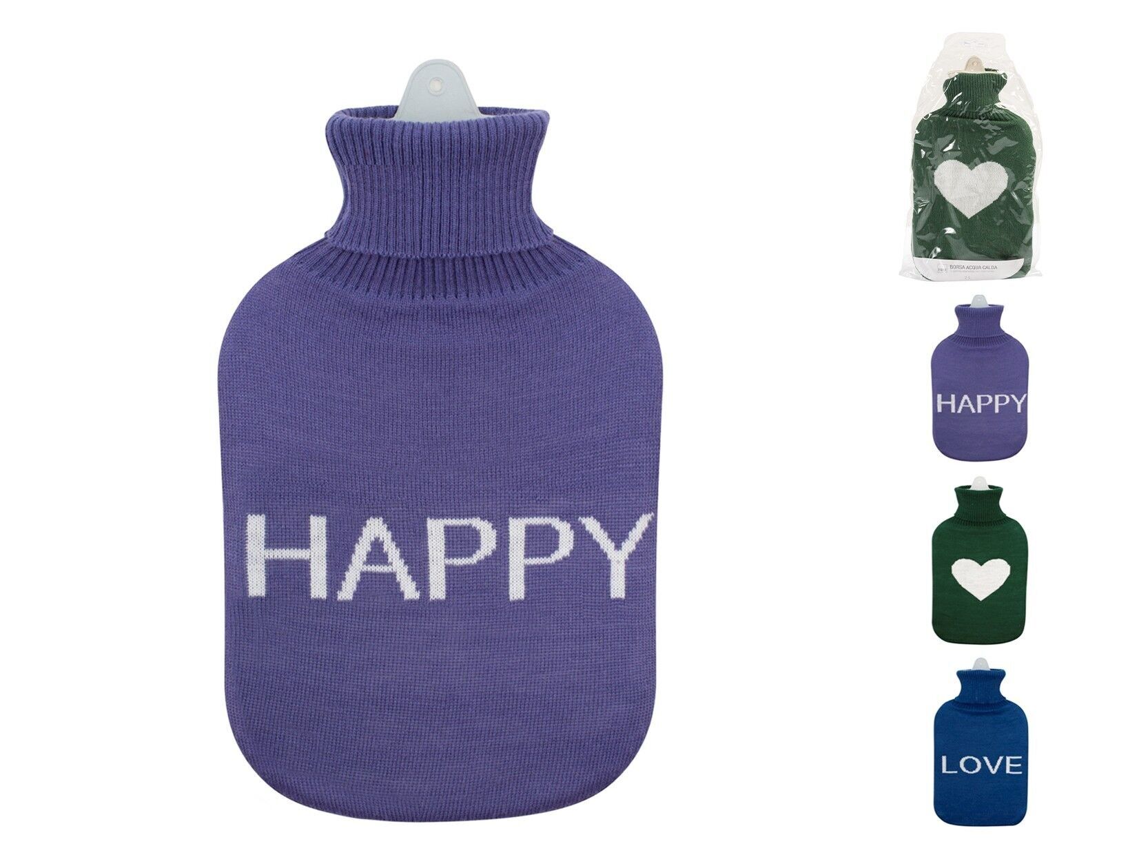 Borsa acqua calda in gomma bilamellata con copri borsa in maglina decoro mix&mat assortito Lt 2. Temperatura acqua massima 50°