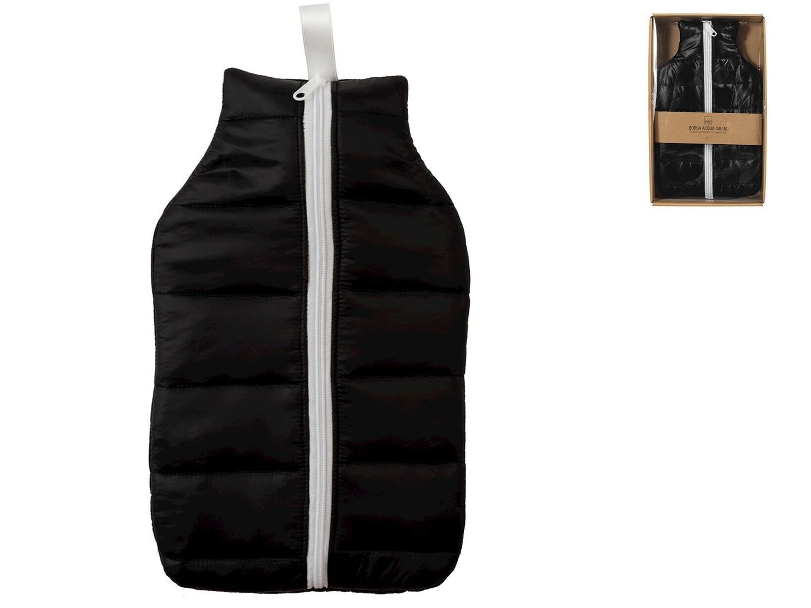 Borsa acqua calda in gomma bilamellata con copri borsa in piumino colore nero Lt 2. Temperatura acqua massima 50°