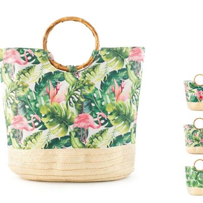 Bolsa en poliéster y fibra de papel, adornos y colores surtidos con asas de bambú.