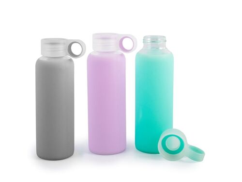 Bottiglia in vetro borosilicato con tappo in polipropilene e rivestimento in silicone azzurro Lt 0,36