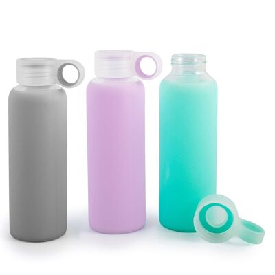 Borosilicate glass bottle with polypropylene cap and blue silicone coating Lt 0.36