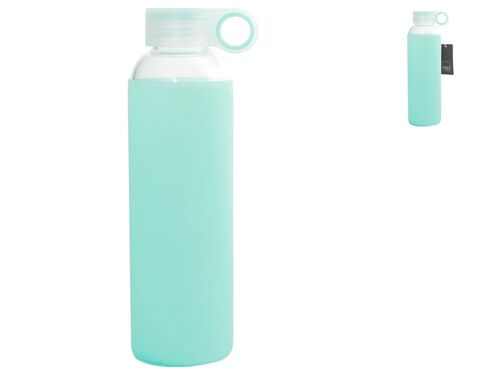 Bottiglia in vetro borosilicato con tappo in polipropilene e rivestimento in silicone azzurro Lt 0,56