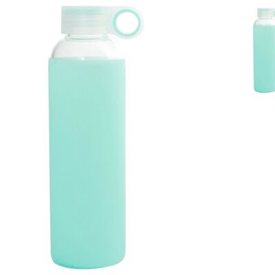 Borosilicate glass bottle with polypropylene cap and light blue silicone coating Lt 0.56