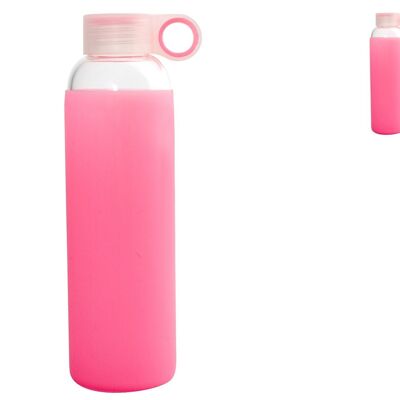 Bottiglia in vetro borosilicato con tappo in polipropilene e rivestimento in silicone rosa Lt 0,56