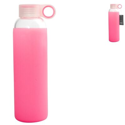 Bottiglia in vetro borosilicato con tappo in polipropilene e rivestimento in silicone rosa Lt 0,56