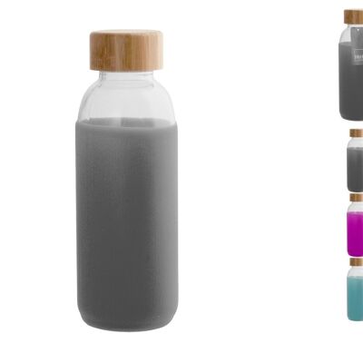Botella de cristal con tapón de madera y funda de silicona en colores surtidos Lt 0,4