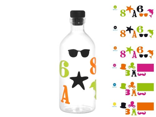 Bottiglia personalizzabile in borosilicato con tappo in silicone e adesivi in silicone assortiti Lt 0,7