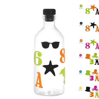 Bottiglia personalizzabile in borosilicato con tappo in silicone e adesivi in silicone assortiti Lt 0,7