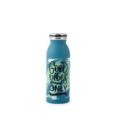 Thermal bottle in 18/10 stainless steel, blue decoration, 0.45 l. Keeps the temperature hot or cold for 6 hours