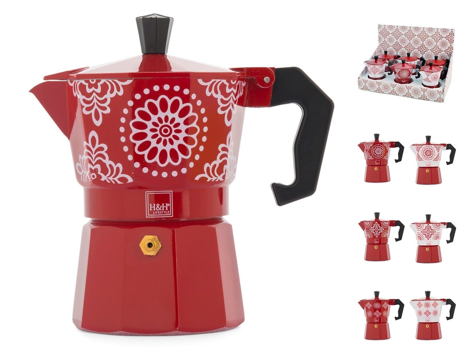 Cafetera Ellen 3 tazas en aluminio rojo con decoraciones variadas