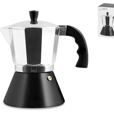 Dynamic 6-cup coffee maker in aluminum with bottom for induction hob.