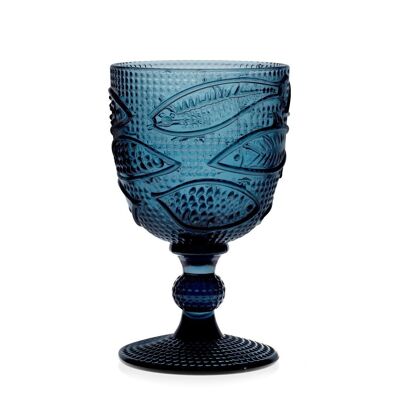 Calice Atlantico in vetro blu decoro pesci cl 30