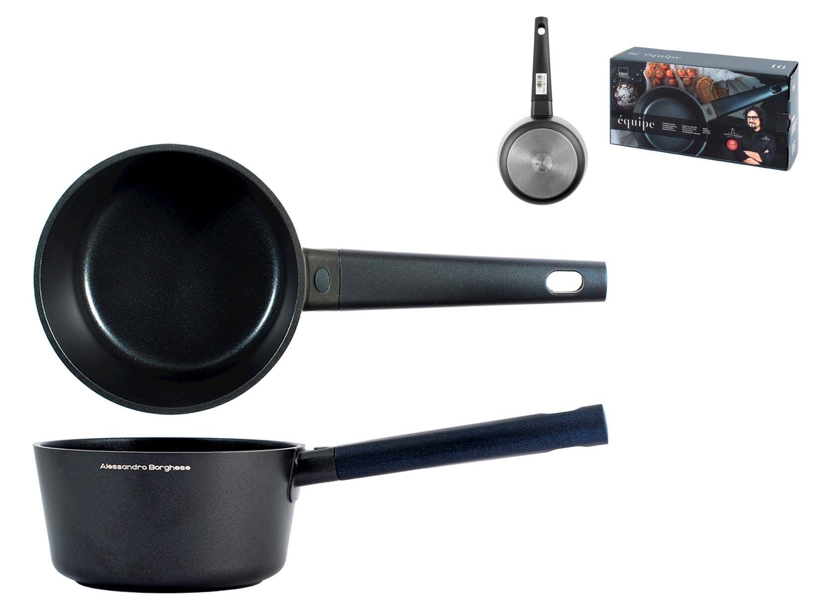 Casseruola 1 manico Borghese Equipe in alluminio pressofuso con rivestimento antiaderente Pfluon adatto anche per cottura su piano ad induzione cm 16. Alessandro Borghese - Il Lusso della semplicità