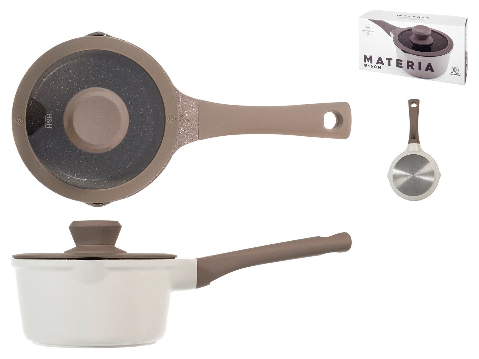 Casseruola 1 manico Materia in alluminio pressofuso con rivestimento antiaderente full induction con coperchio in vetro e silicone incluso cm 16