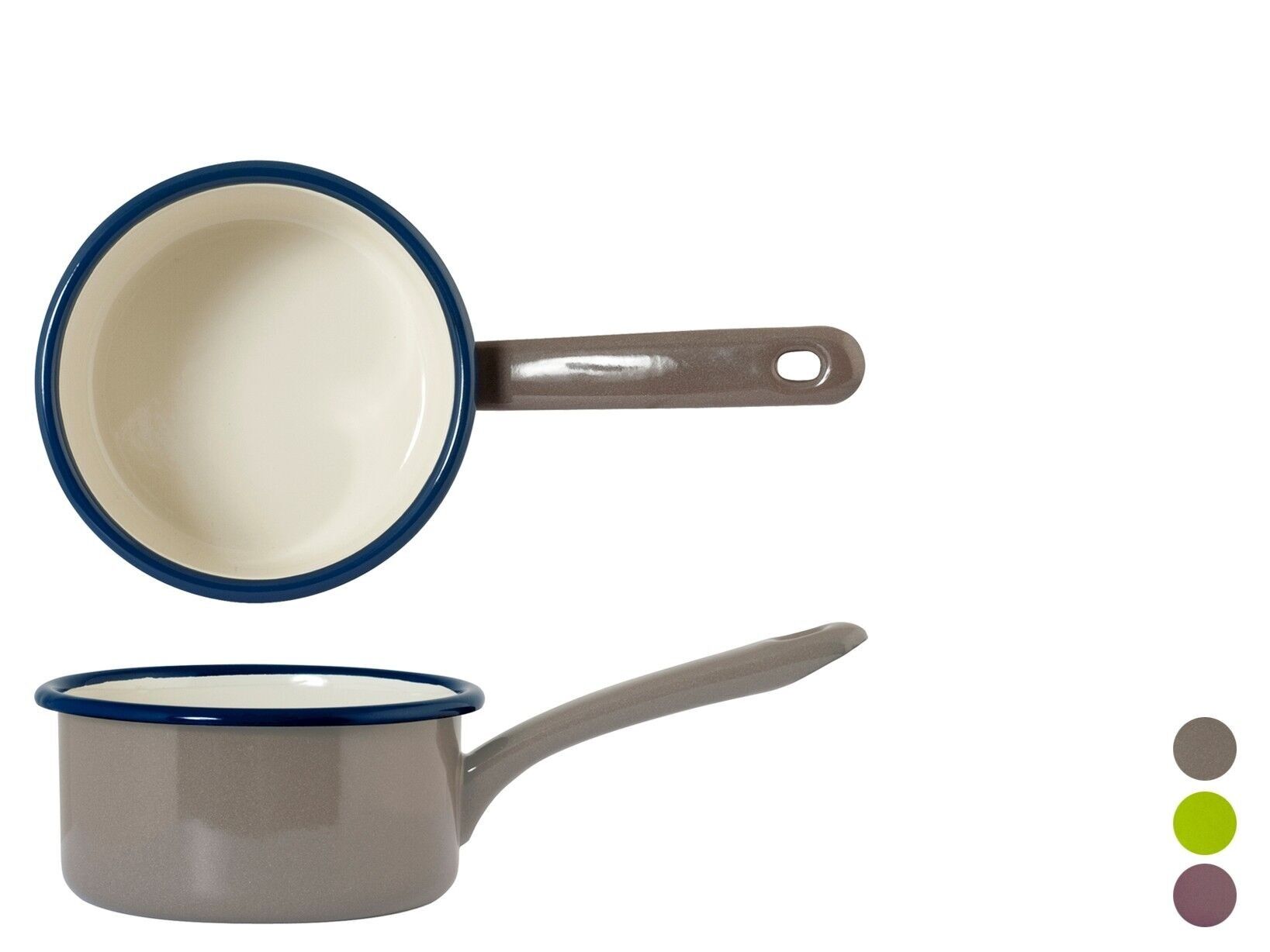 Cocotte 1 Anse Cylindrique Émaillée Multicolore 12cm Couleurs assorties : 1 Taupe 1 Vert Acide 1 Violet Aubergine