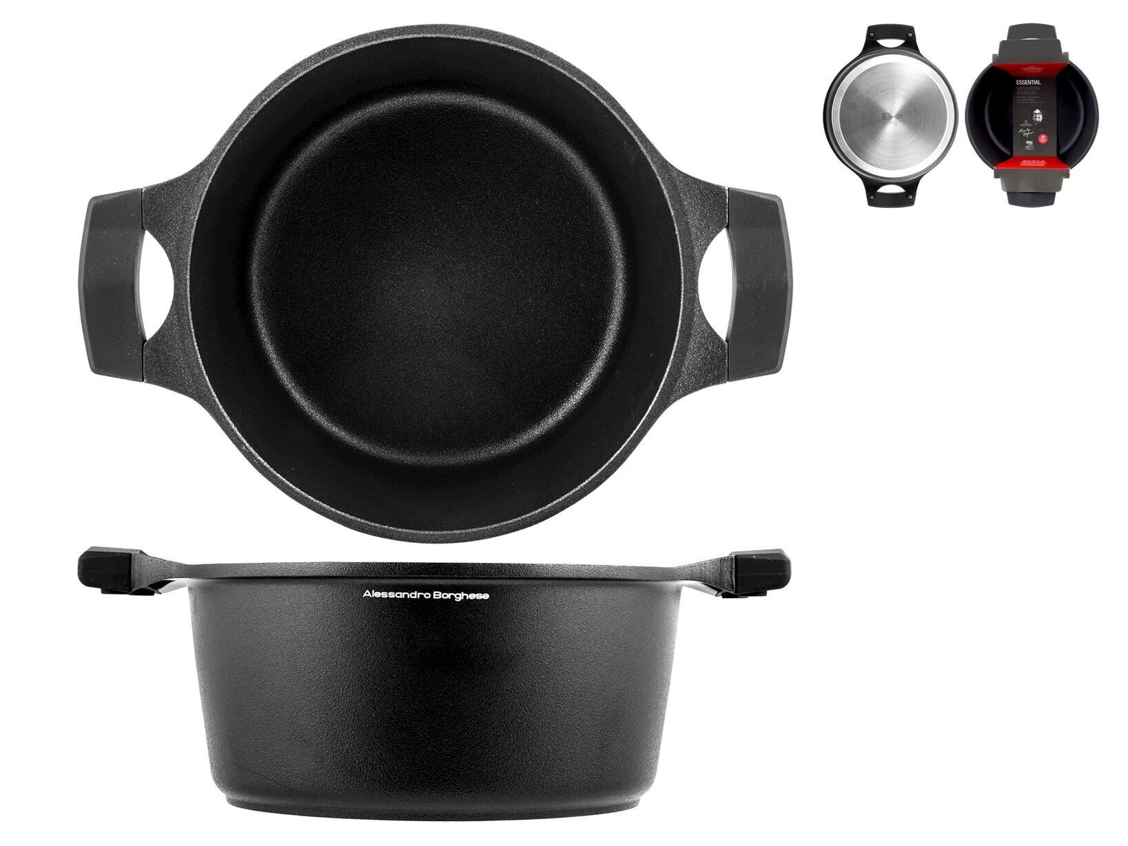 Bratpfanne 2 Griffe Borghese Essential aus Aluminium-Druckguss mit Antihaftbeschichtung Strahltechnik auch geeignet zum Kochen auf einem Induktionskochfeld 24 cm Alessandro Borghese - Der Luxus der Einfachheit