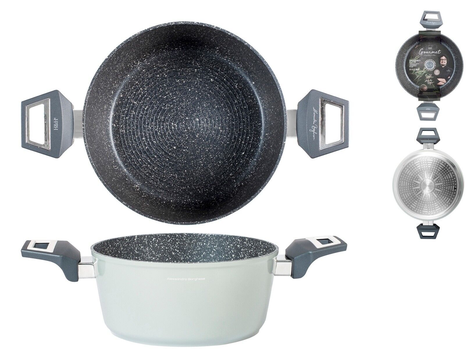 Bräter 2 Griffe Borghese Gourmet aus geprägtem Aluminium mit Pfluon-Antihaft-Steinspiralbeschichtung auch für Induktionskochfelder geeignet und 20 cm Soft-Touch-Griffe Alessandro Borghese - The Luxury of Simplicity