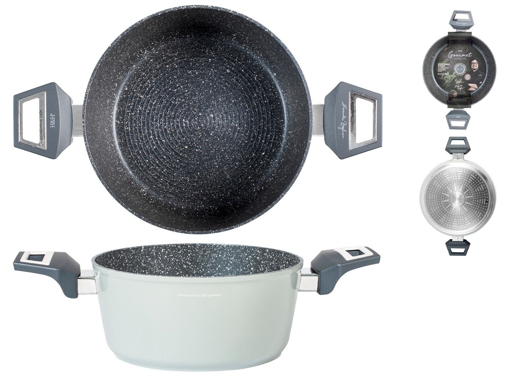 Casseruola 2 manici Borghese Gourmet in alluminio coniato con rivestimento pietra antiaderente Pfluon a spirale adatto anche per piano ad induzione e manici soft touch cm 24. Alessandro Borghese - Il Lusso della Semplicità