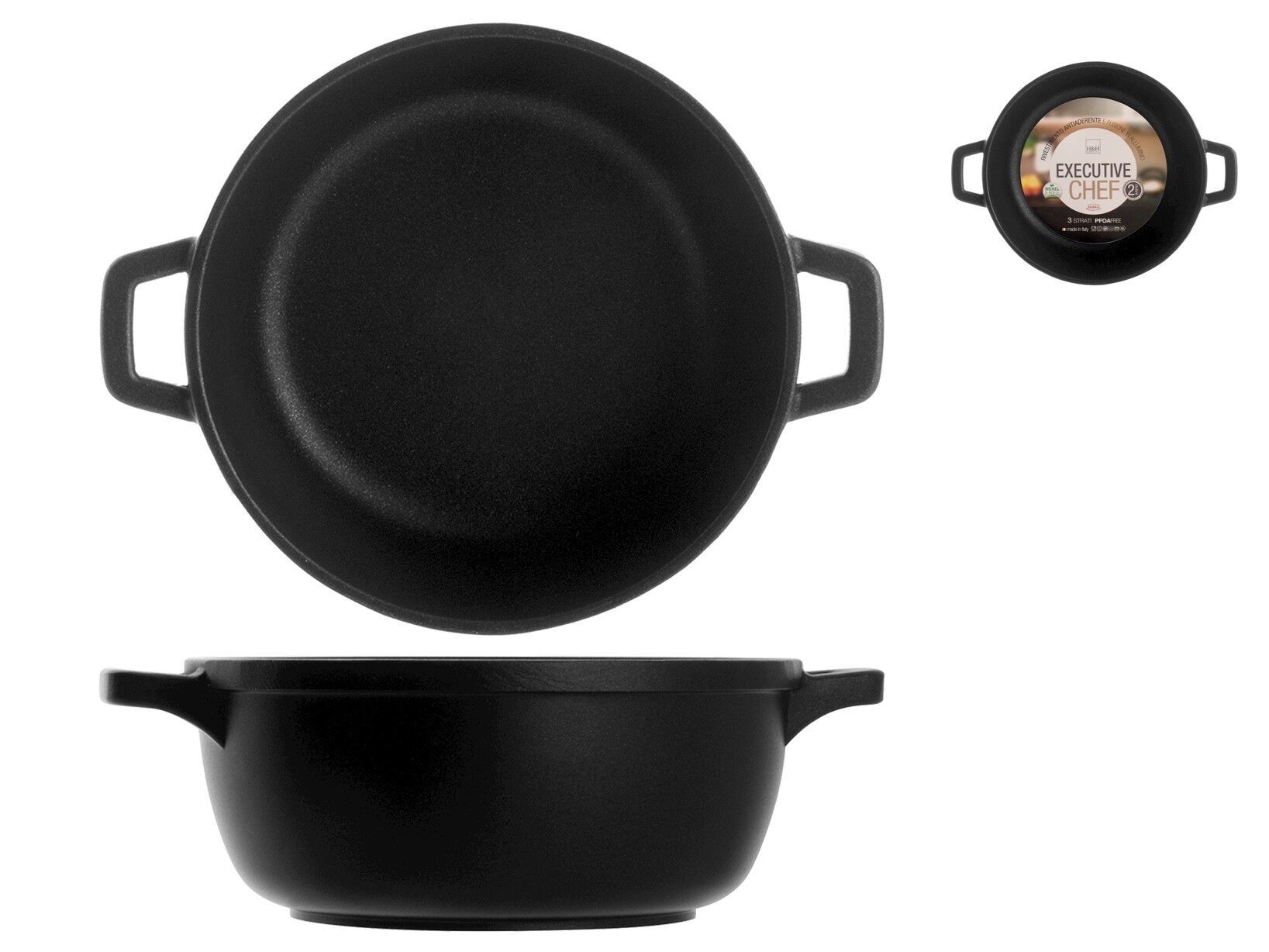 Casseruola 2 manici Executive Chef in alluminio pressofuso con rivestimento antiaderente cm 18. Garanzia 2 anni