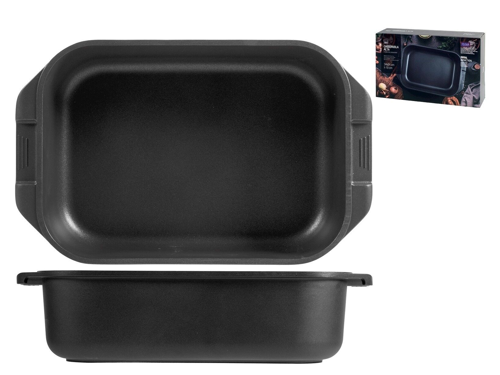 Casseruola alta rettangolare in alluminio pressofuso con rivestimento antiaderente Xylan Plus cm 34x24. Fondo adatto a tutti i piani cottura, inclusi vetro ceramica e induzione.