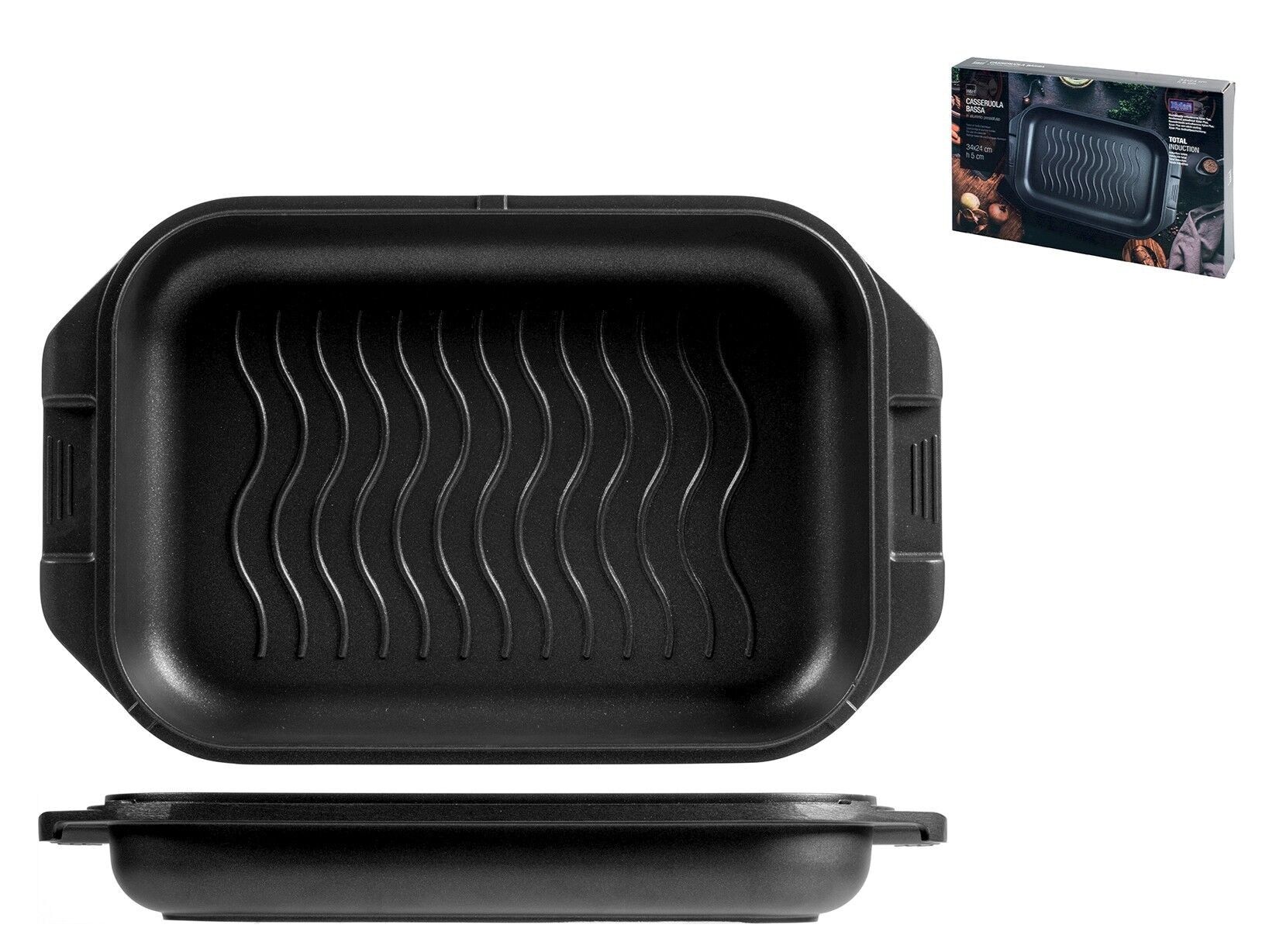 Casseruola bassa rettangolare in alluminio pressofuso con rivestimento antiaderente Xylan Plus cm 34x24. Fondo adatto a tutti i piani cottura, inclusi vetro ceramica e induzione.