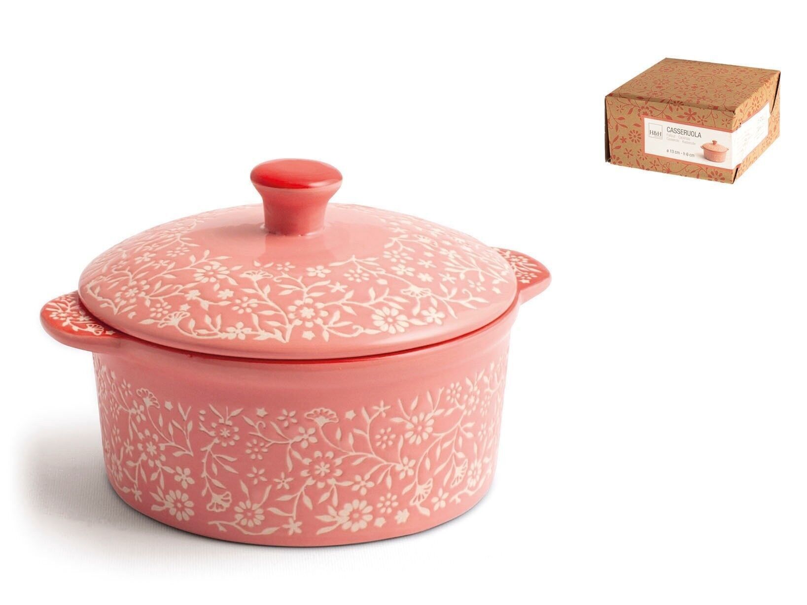 Casseruola tonda 2 manici Madame in stoneware decorato con coperchio cm 13x6 h. Composta da : 1 casseruola cm 16,5x13x6 h; 1 coperchio cm 14x4,5 h