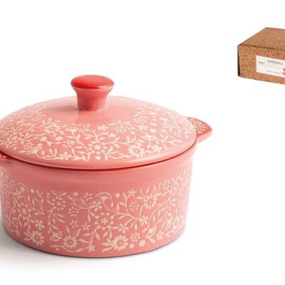 Round casserole 2 handles Madame in decorated stoneware with lid cm 13x6 h. Composed of: 1 casserole cm 16.5x13x6 h; 1 lid cm 14x4.5 h