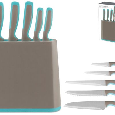 5 Magnetic Stainless Steel Knife Block with Light Blue Thermoplastic Rubbers Handle Consisting of: 1 Kitchen Knife 21 cm, 1 Bread Knife 21 cm, 1 Roast Knife 21 cm, 1 Multipurpose Knife 13 cm, 1 Paring Knife 9.5 cm