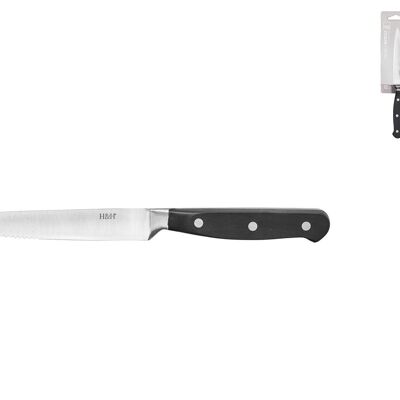 Professional steak knife, stainless steel blade, serrated tip, riveted handle in black ABS 12 cm