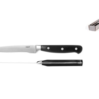Professional steak knife stainless steel blade, riveted handle, serrated tip.