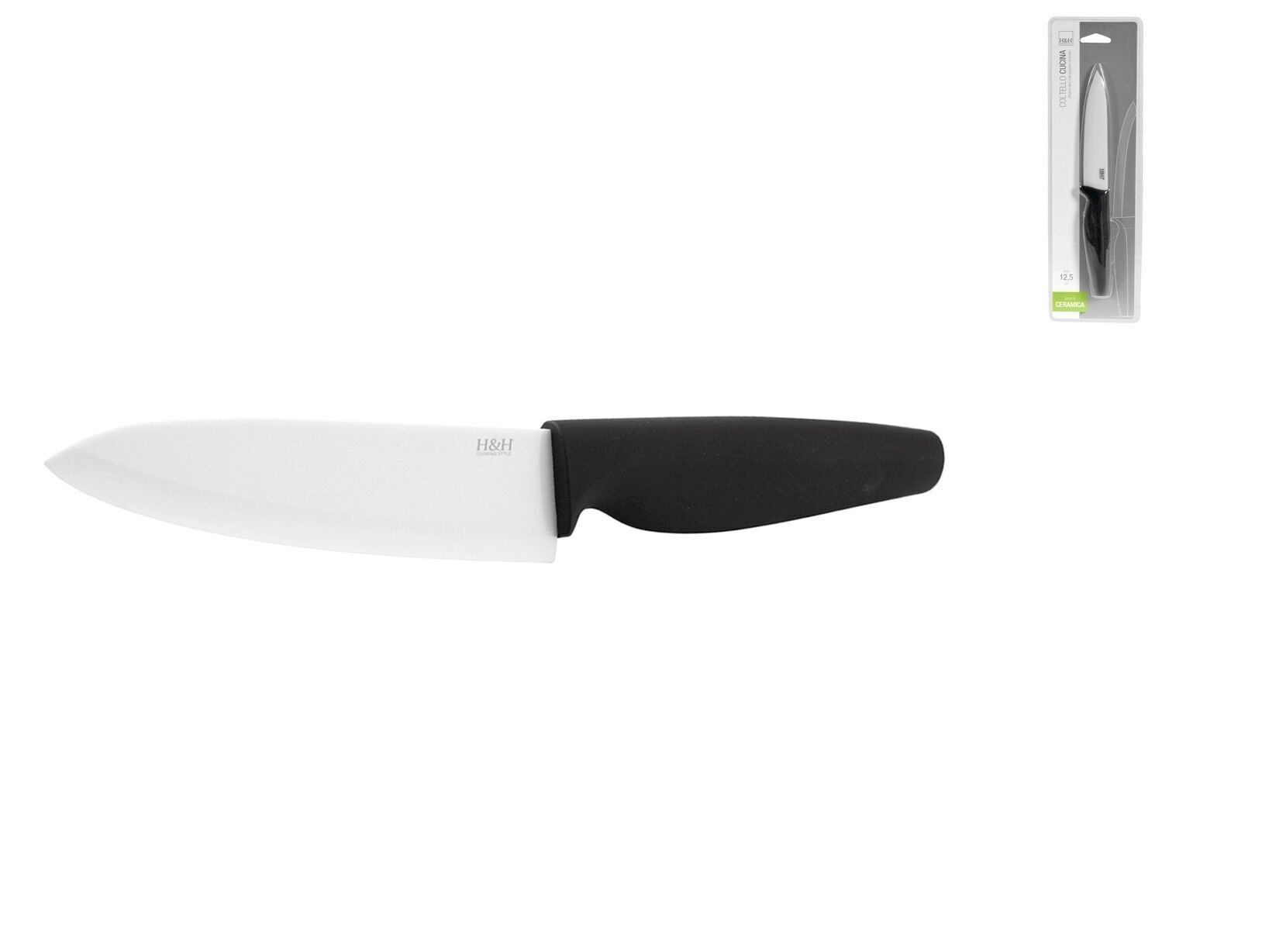 Coltello cucina con lama in ceramica bianca e manico antiscivolo nero cm 12,5