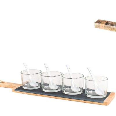 Pack of 10 pieces Happy Hour bamboo base. Set consisting of 4 glass bowls 6.5x5 cm, 4 white porcelain teaspoons 10 cm, a cutting board with bamboo handle 40x9xh1 cm with slate top. cm 28x9xh0.5.