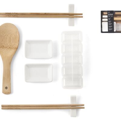 Pack de 10 piezas de Sushi. Compuesto por 1 molde para sushi, 2 tazones de porcelana blanca, 1 cuchara de arroz de bambú, 2 pares de palillos de bambú y 2 porta palillos de porcelana.