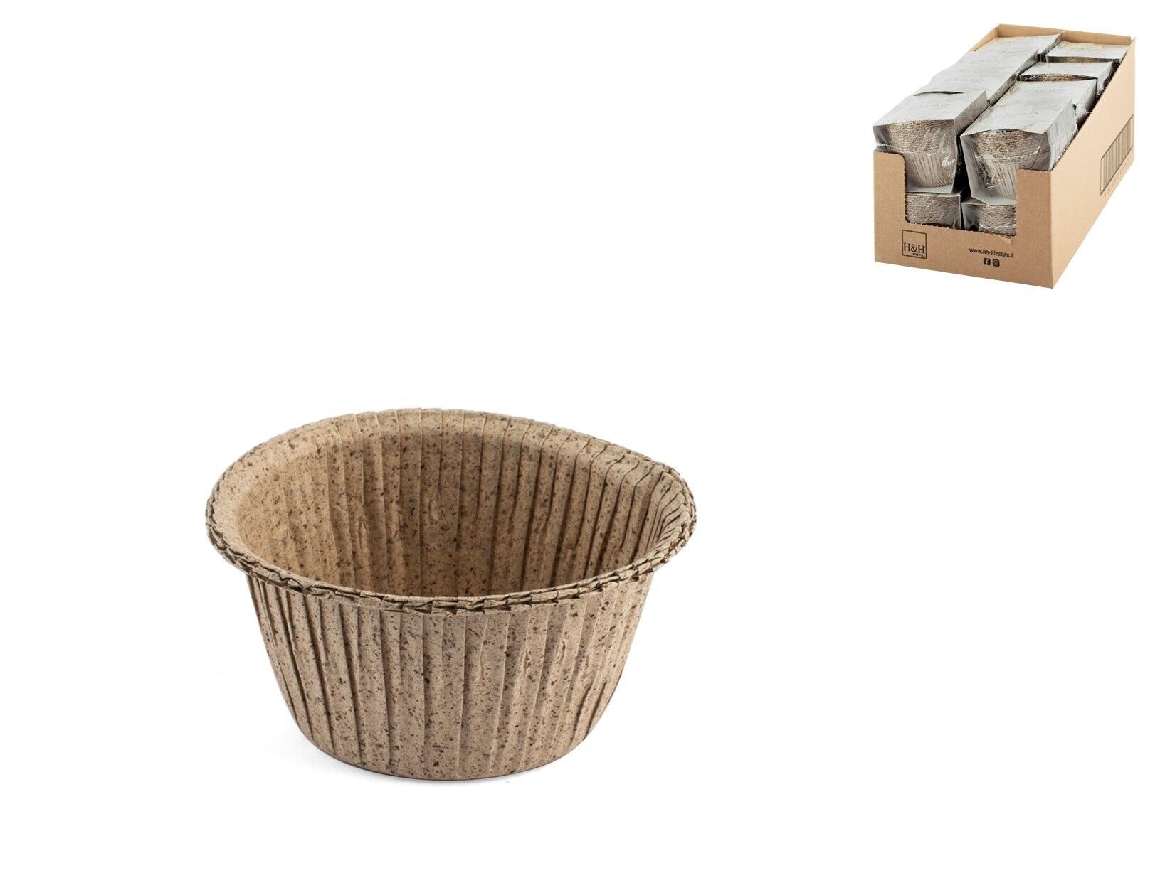 Pack of 12 cocoa molds in baking paper composed of up to 40% virgin cellulose derived from the processing of cocoa shells and 0% additional inks, muffin shape 7x4 cm