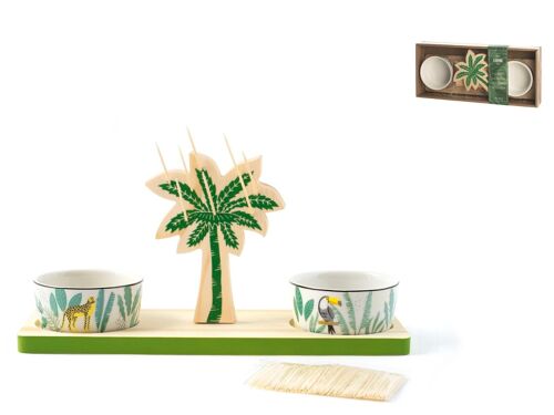 Confezione 2 coppette Caribe in porcellana decorata con base in legno e 100 stecchini. Coppetta in porcellana 8,5xh4, vassoio in legno cm 30x10xh1,5, 100 stecchini in bambù cm 6, porta stecchini in legno forma palma cm h14x10x1.