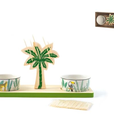 Pack de 2 cuencos Caribe de porcelana decorada con base de madera y 100 palillos. Cuenco pequeño de porcelana 8,5xh4, bandeja de madera 30x10xh1,5 cm, 100 palitos de bambú de 6 cm, soporte de palitos de madera en forma de palma cm h14x10x1.