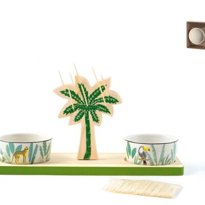 Confezione 2 coppette Caribe in porcellana decorata con base in legno e 100 stecchini. Coppetta in porcellana 8,5xh4, vassoio in legno cm 30x10xh1,5, 100 stecchini in bambù cm 6, porta stecchini in legno forma palma cm h14x10x1.