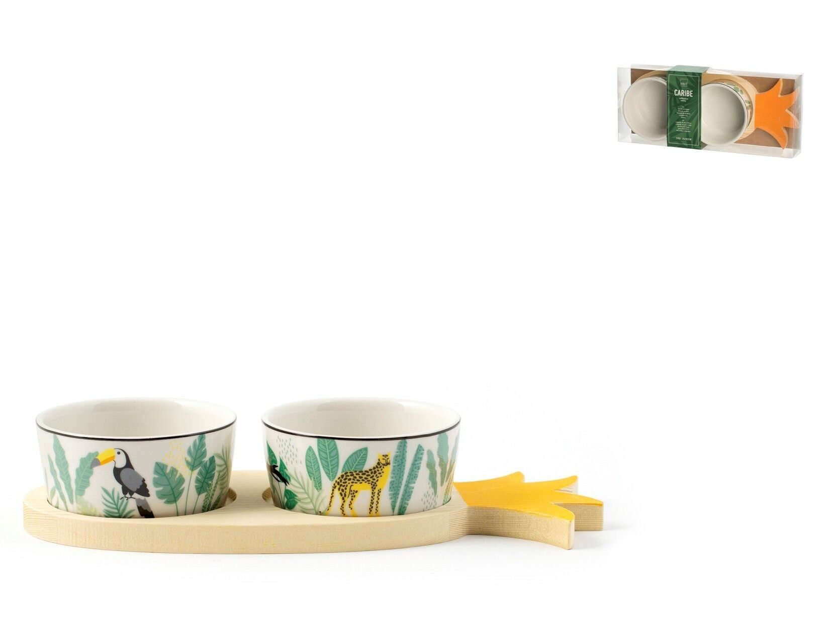 Packung mit 2 Schalen Caribe aus dekoriertem Porzellan. Bestehend aus 2 verzierten Porzellanschalen 8,5 x 4 cm, 1 Holzsockel in Ananasform 25 x 10 x H 1,5 cm.