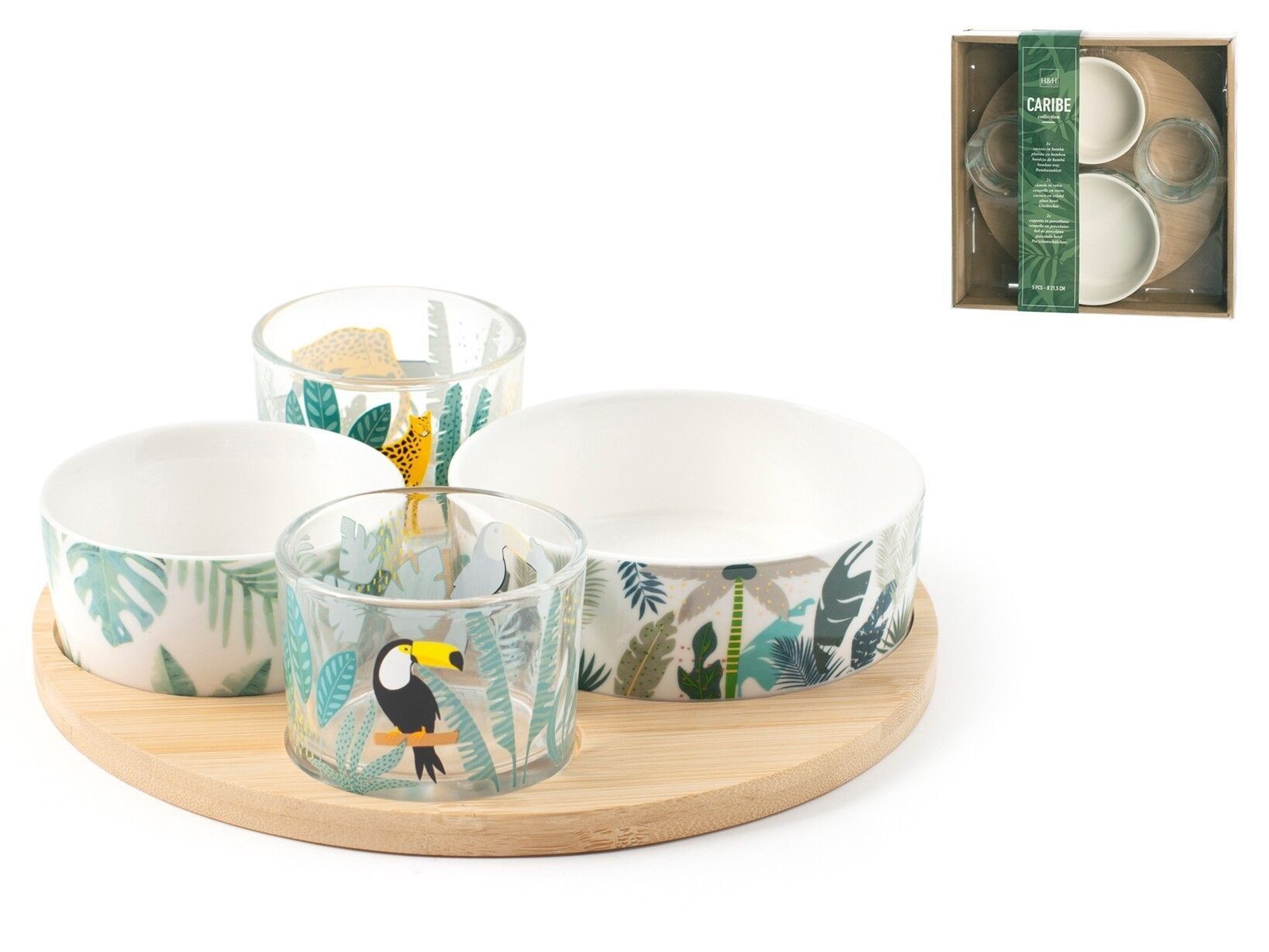 Packung mit 2 Caribe-Bechern. Bestehend aus 1 verzierte Porzellanschale 11 cm, 1 verzierte Porzellanschale 9 cm, 2 verzierte Glasschalen 6,5 cm, 1 Bambustablett 22,5 cm