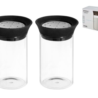 Confezione 2 spargizucchero/cacao Minima in vetro borosilicato con tappo in acciaio inox e silicone nero