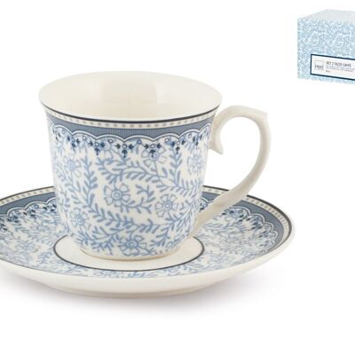 Pack de 2 tazas de café con plato de porcelana Blue Dream. Compuesto por: 2 tazas de café 8,5x5,5x6,5 cm 0,080 kg 90 cc; 2 platos 11,5x1,5x11,5 cm 0,090 kg