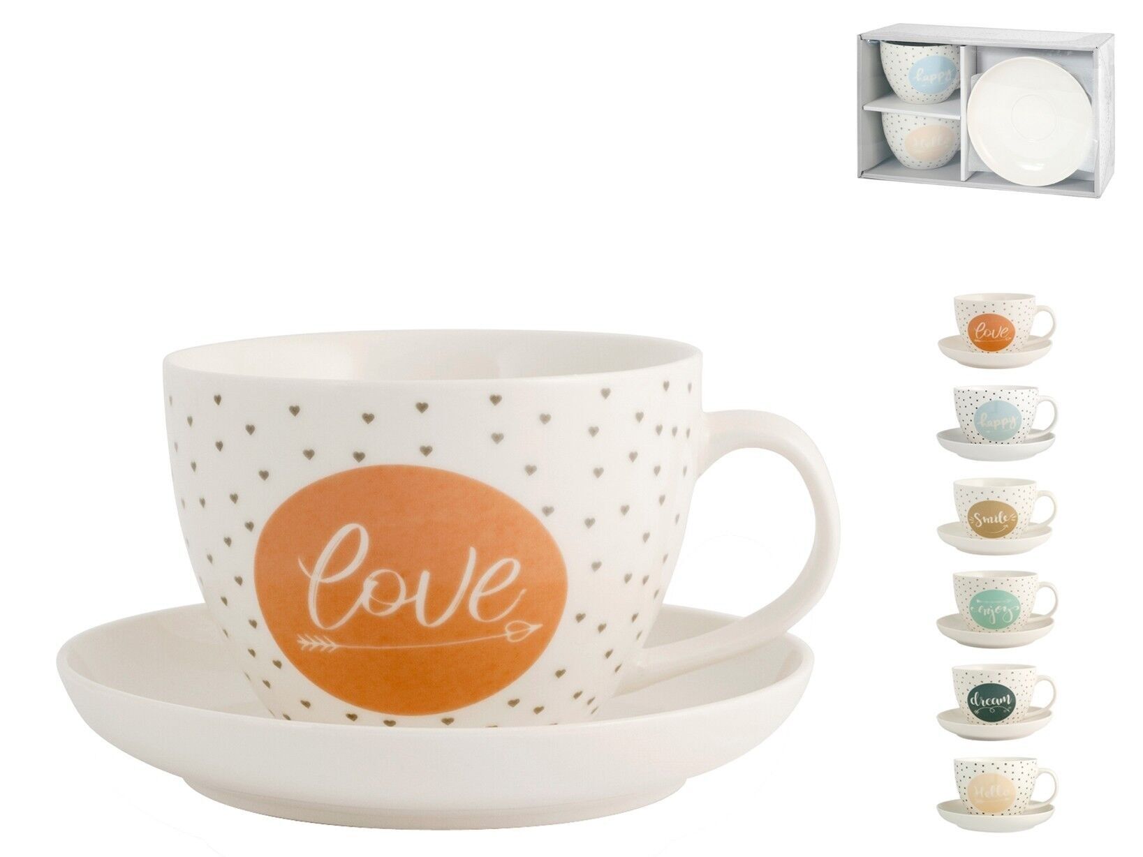 2er-Pack Genießen Sie Jumbo-Tassen aus New Bone China mit sortierter Dekorationsplatte cc 485. Bestehend aus: Jumbo-Tasse 15 x 11,5 x 8,5 h cm; Platte cm 17x3 h