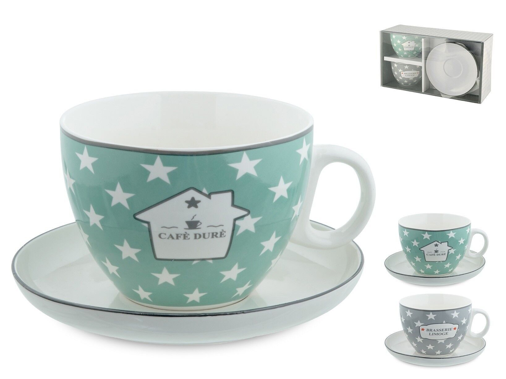 Confezione 2 tazze jumbo new bone china decoro Brasserie con Piatto cc 480