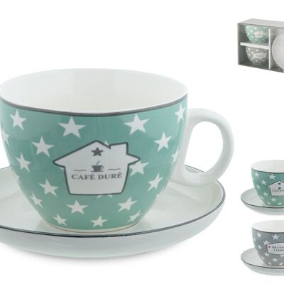 Confezione 2 tazze jumbo new bone china decoro Brasserie con Piatto cc 480