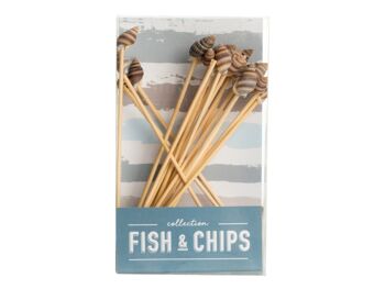 Lot de 20 bâtonnets Fish & Chips en bois naturel avec coquillages de couleurs assorties ; vendable en 8